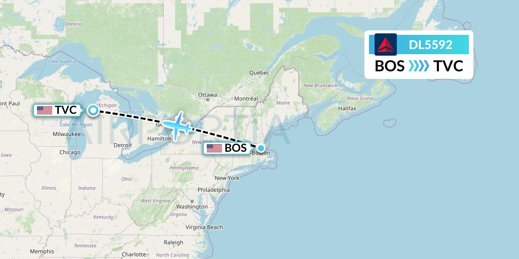 DL5592 Delta Air Lines Flight Map: Boston to Traverse City