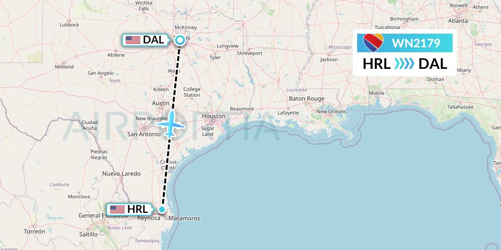 WN2179 Southwest Airlines Flight Map: Harlingen to Dallas