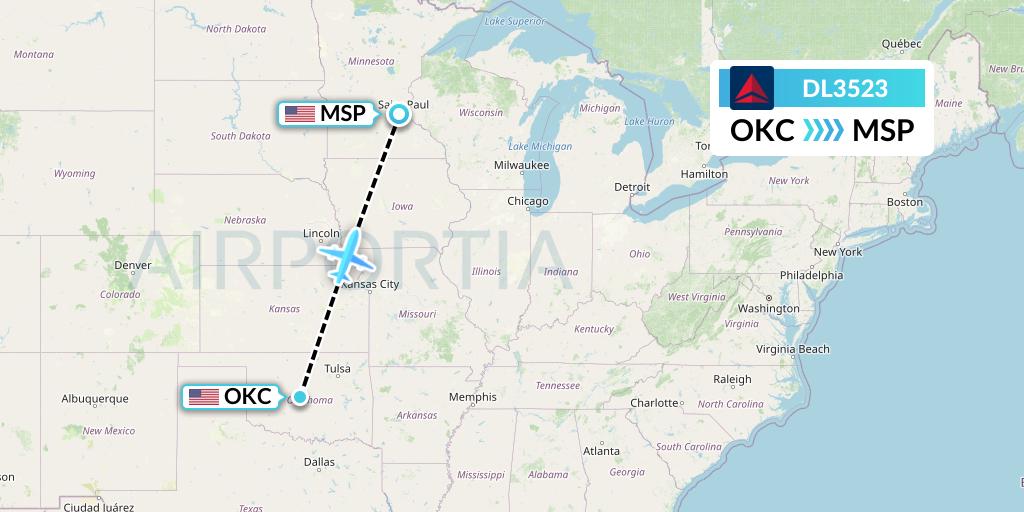 DL3523 Delta Air Lines Flight Map: Oklahoma City to Minneapolis