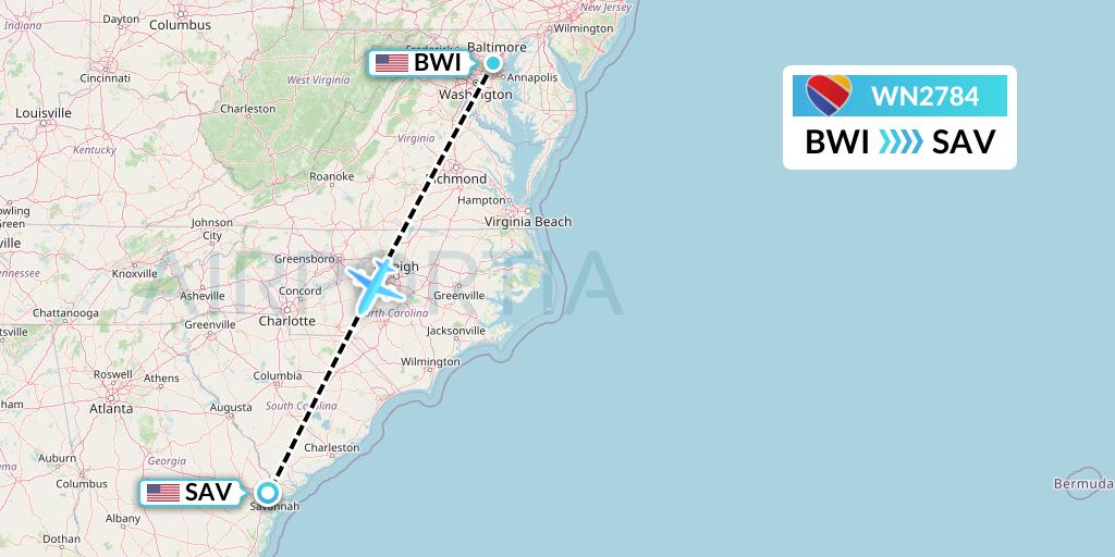 WN2784 Southwest Airlines Flight Map: Baltimore to Savannah