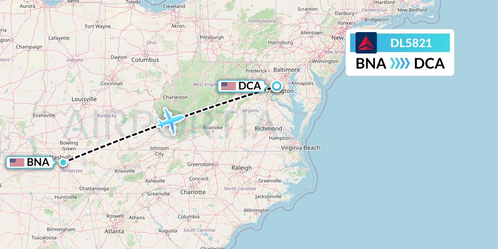 DL5821 Delta Air Lines Flight Map: Nashville to Washington