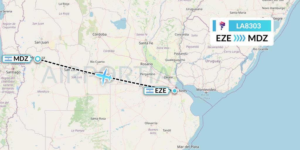 LA8303 LAN Airlines Flight Map: Buenos Aires to Mendoza