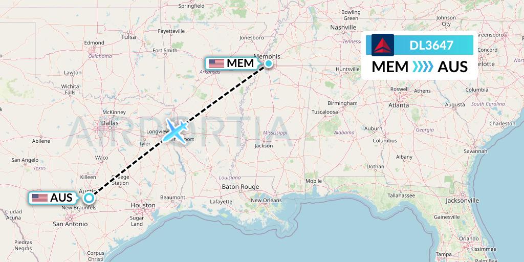 DL3647 Delta Air Lines Flight Map: Memphis to Austin