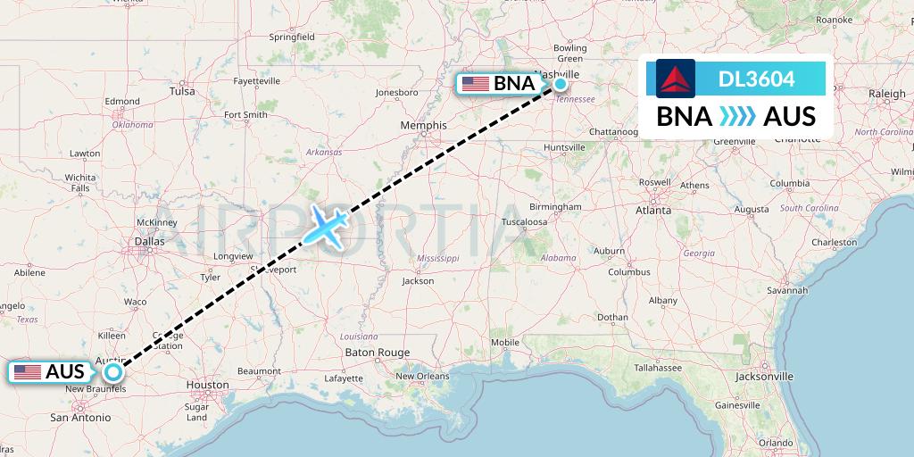 DL3604 Delta Air Lines Flight Map: Nashville to Austin