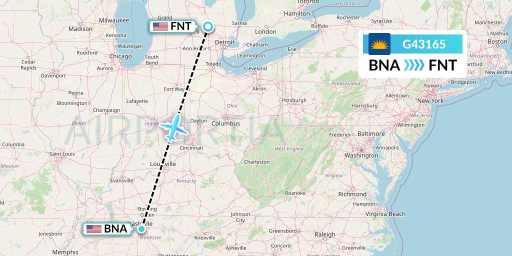 G43165 Allegiant Air Flight Map: Nashville to Flint