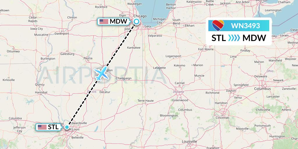 WN3493 Southwest Airlines Flight Map: St. Louis to Chicago