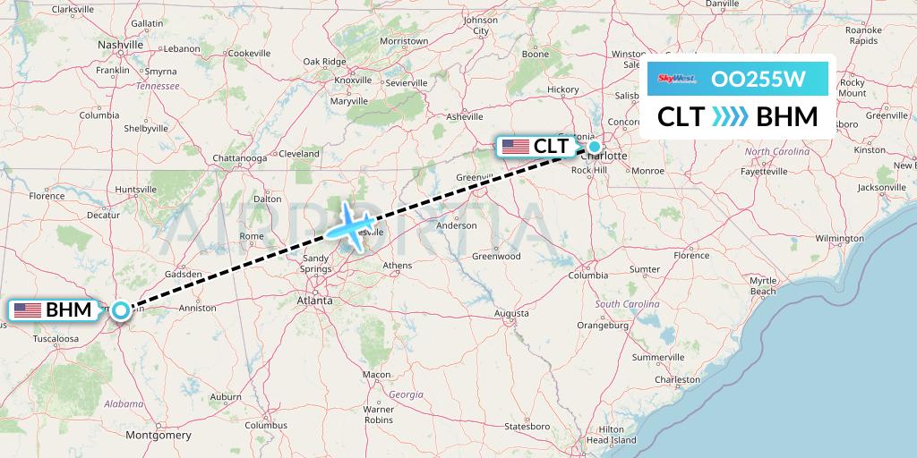 OO255W SkyWest Airlines Flight Map: Charlotte to Birmingham