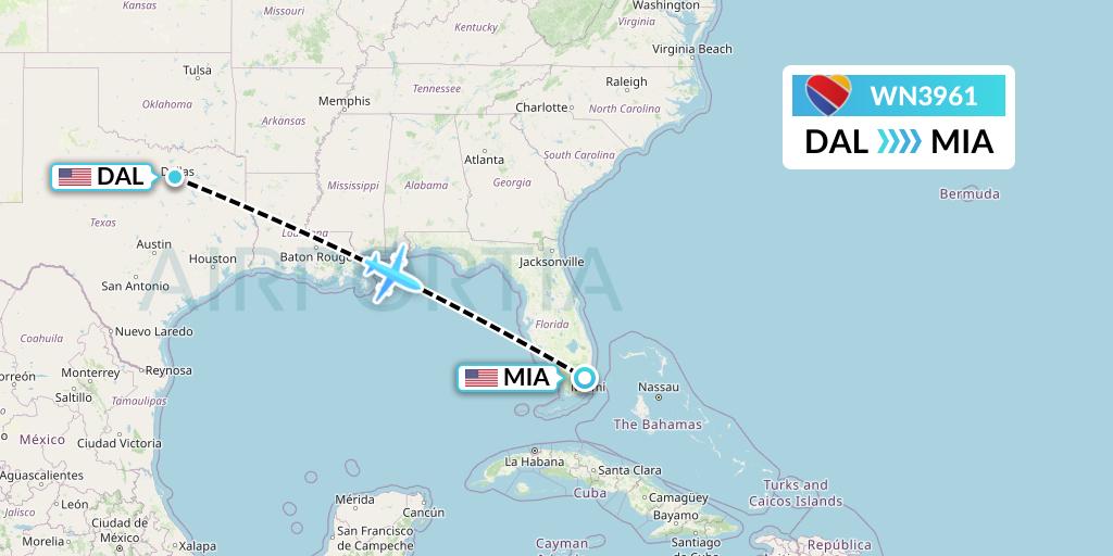 WN3961 Southwest Airlines Flight Map: Dallas to Miami