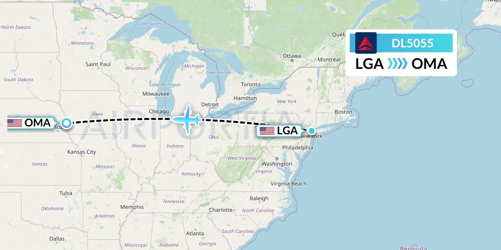 DL5055 Delta Air Lines Flight Map: New York to Omaha