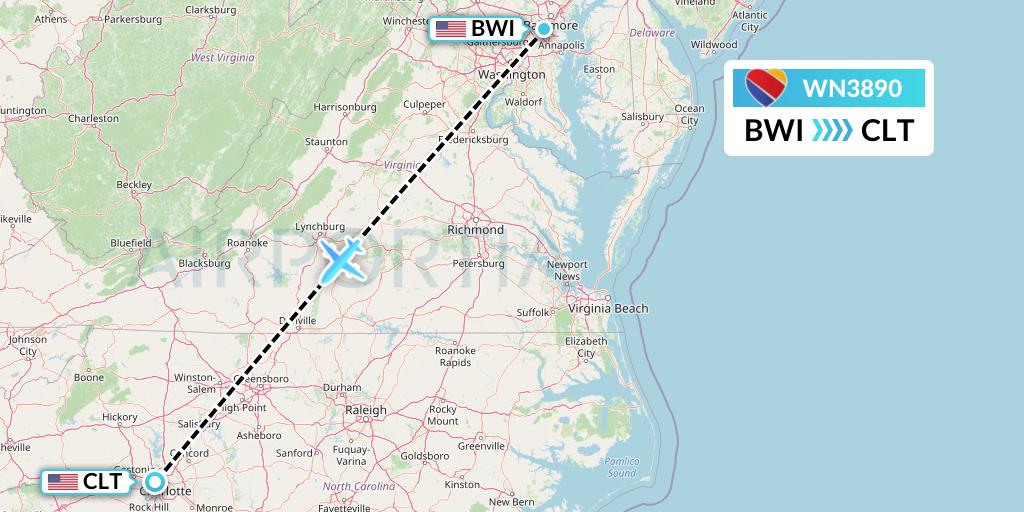 WN3890 Southwest Airlines Flight Map: Baltimore to Charlotte