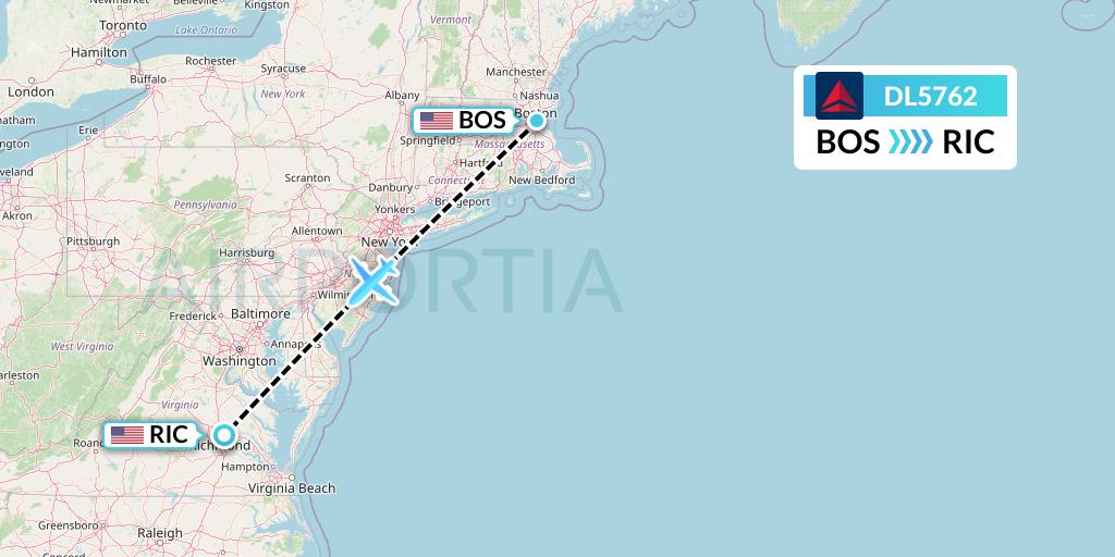 DL5762 Delta Air Lines Flight Map: Boston to Richmond
