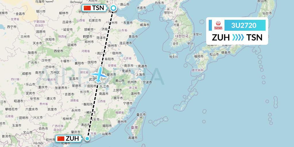3U2720 Sichuan Airlines Flight Map: Zhuhai to Tianjin