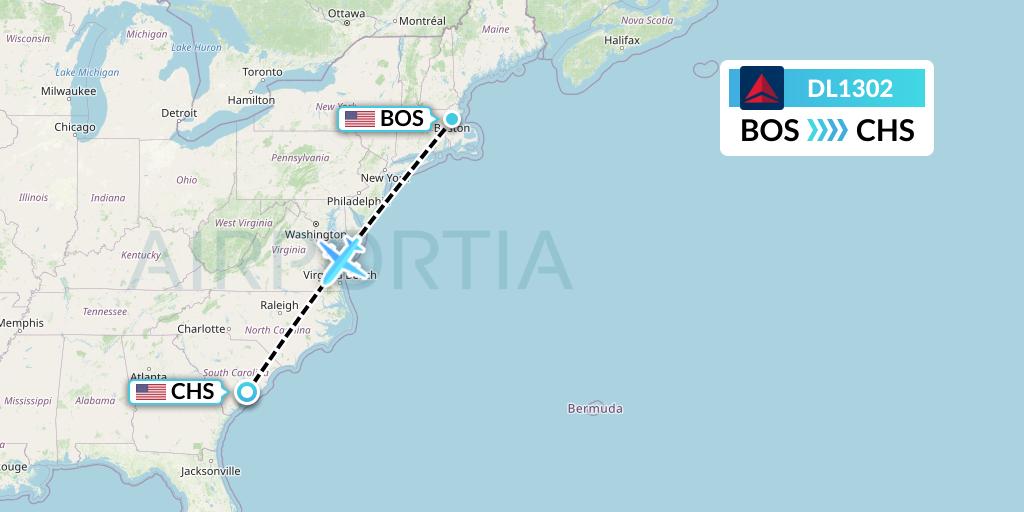 DL1302 Delta Air Lines Flight Map: Boston to Charleston