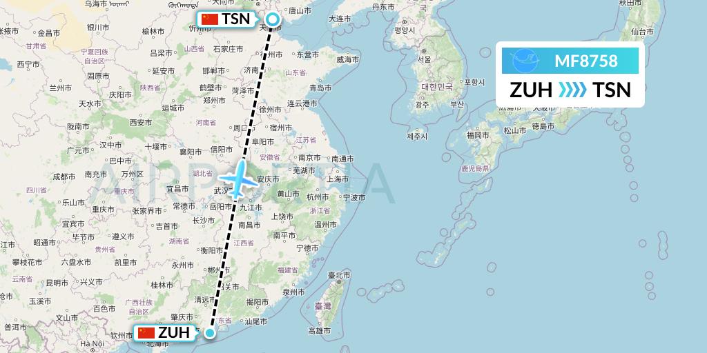 MF8758 Xiamen Airlines Flight Map: Zhuhai to Tianjin