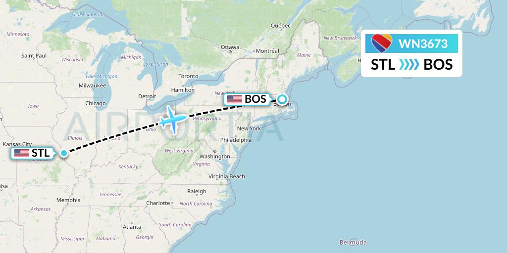 WN3673 Southwest Airlines Flight Map: St. Louis to Boston
