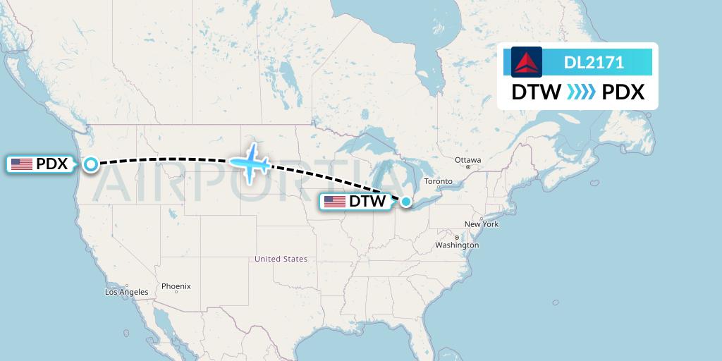 DL2171 Delta Air Lines Flight Map: Detroit to Portland