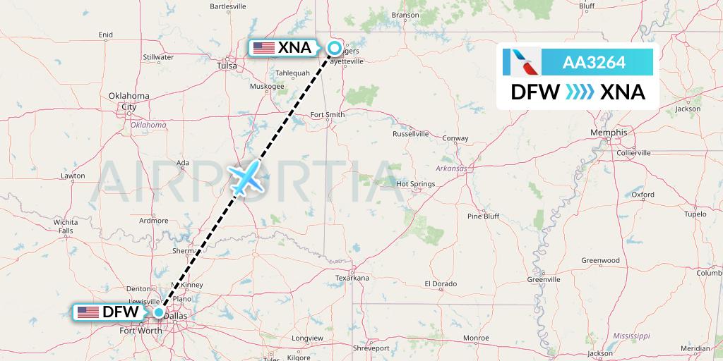 AA3264 American Airlines Flight Map: Dallas to Bentonville