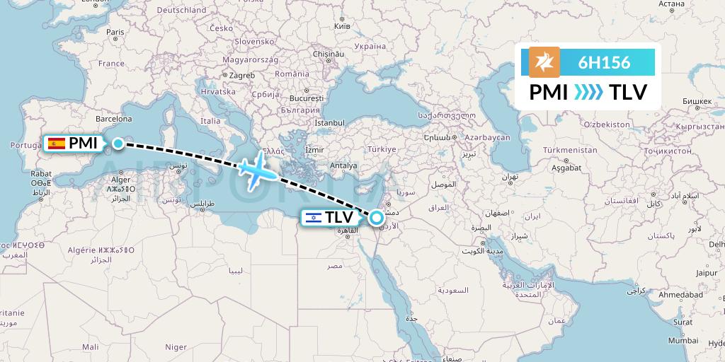 6H156 Israir Airlines Flight Map: Palma de Mallorca to Tel Aviv