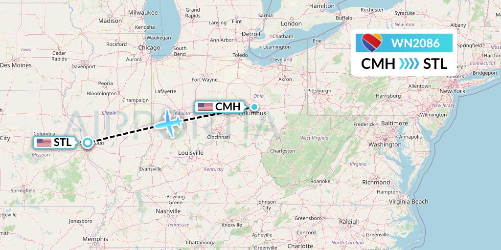 WN2086 Southwest Airlines Flight Map: Columbus to St. Louis