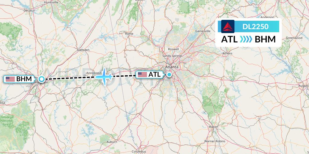 DL2250 Delta Air Lines Flight Map: Atlanta to Birmingham