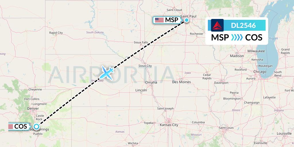 DL2546 Delta Air Lines Flight Map: Minneapolis to Colorado Springs