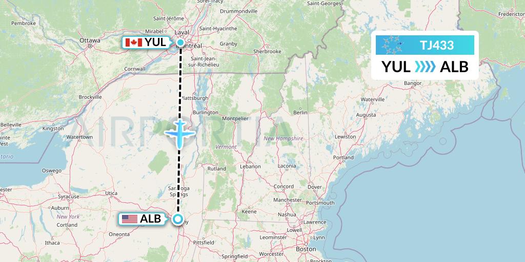 TJ433 Tradewind Aviation Flight Map: Montreal to Albany