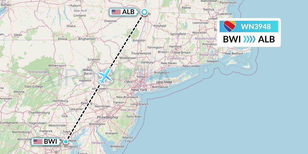 WN3948 Southwest Airlines Flight Map: Baltimore to Albany