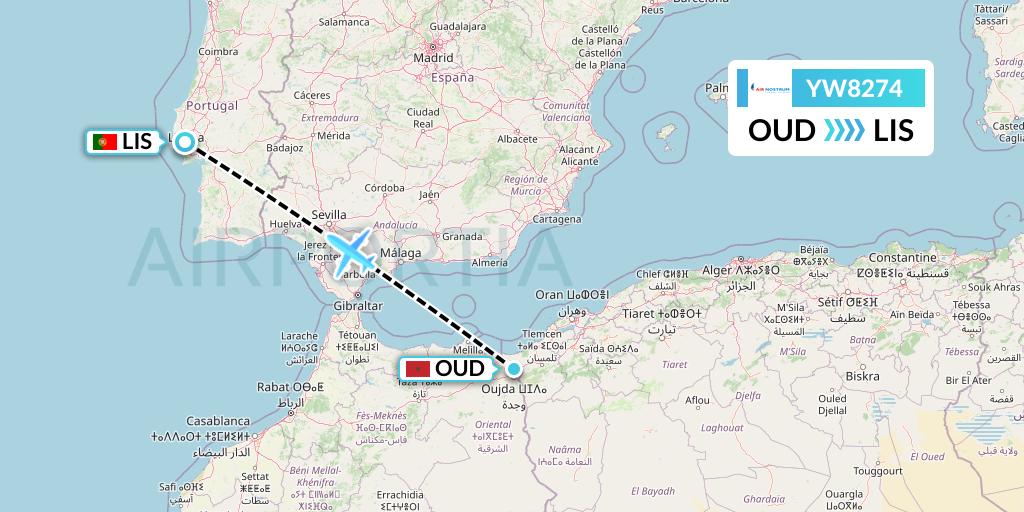 YW8274 Air Nostrum Flight Map: Oujda to Lisbon