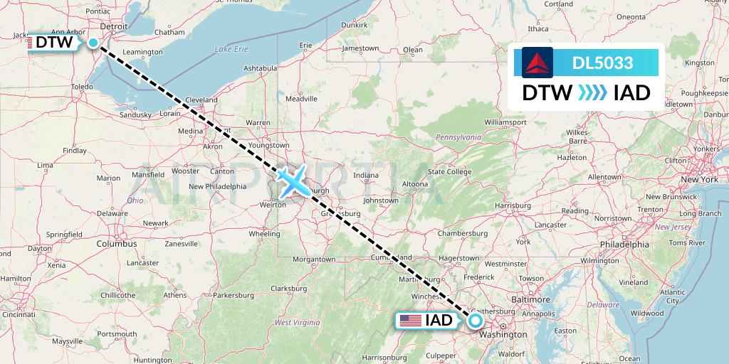 DL5033 Delta Air Lines Flight Map: Detroit to Washington