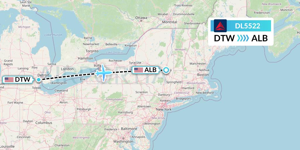 DL5522 Delta Air Lines Flight Map: Detroit to Albany