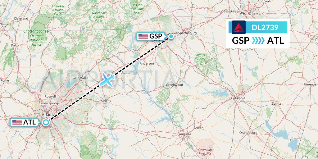 DL2739 Delta Air Lines Flight Map: Greenville-Spartanburg to Atlanta