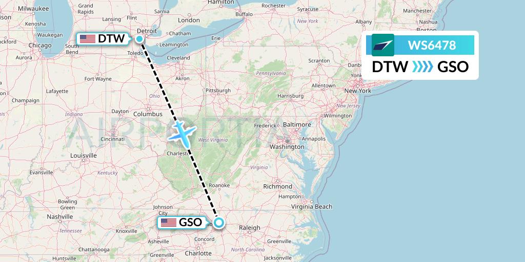 WS6478 WestJet Flight Map: Detroit to Greensboro