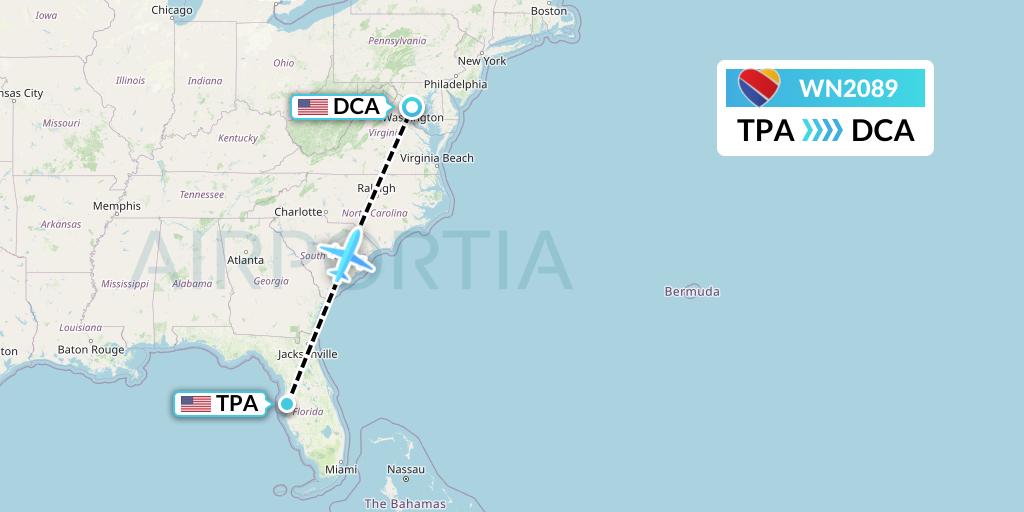 WN2089 Southwest Airlines Flight Map: Tampa to Washington