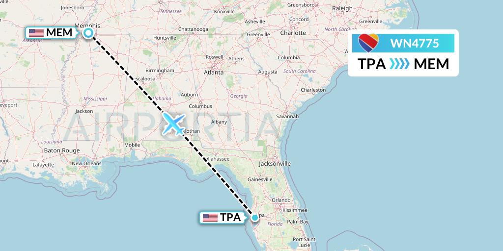 WN4775 Southwest Airlines Flight Map: Tampa to Memphis