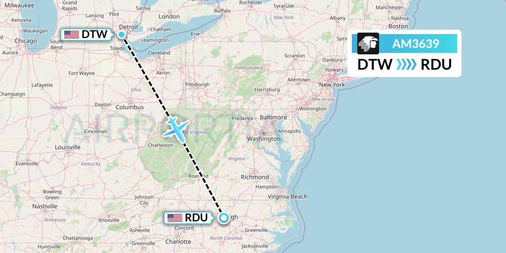 AM3639 Aeromexico Flight Map: Detroit to Raleigh-Durham