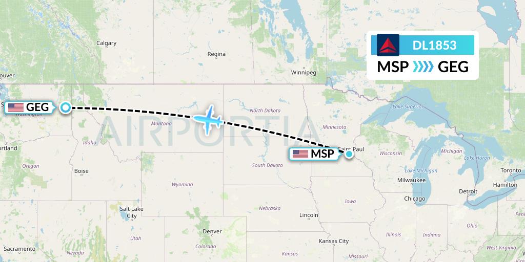 DL1853 Delta Air Lines Flight Map: Minneapolis to Spokane