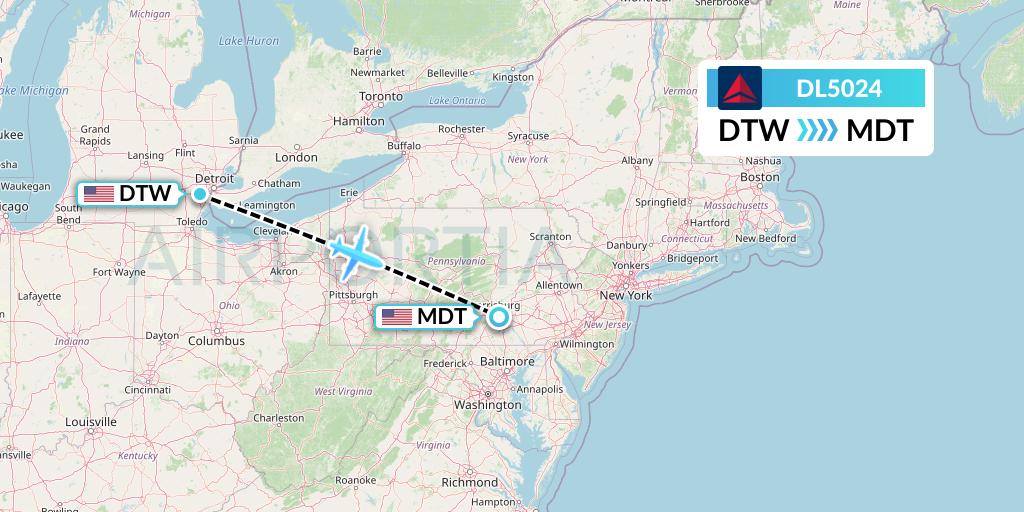 DL5024 Delta Air Lines Flight Map: Detroit to Harrisburg