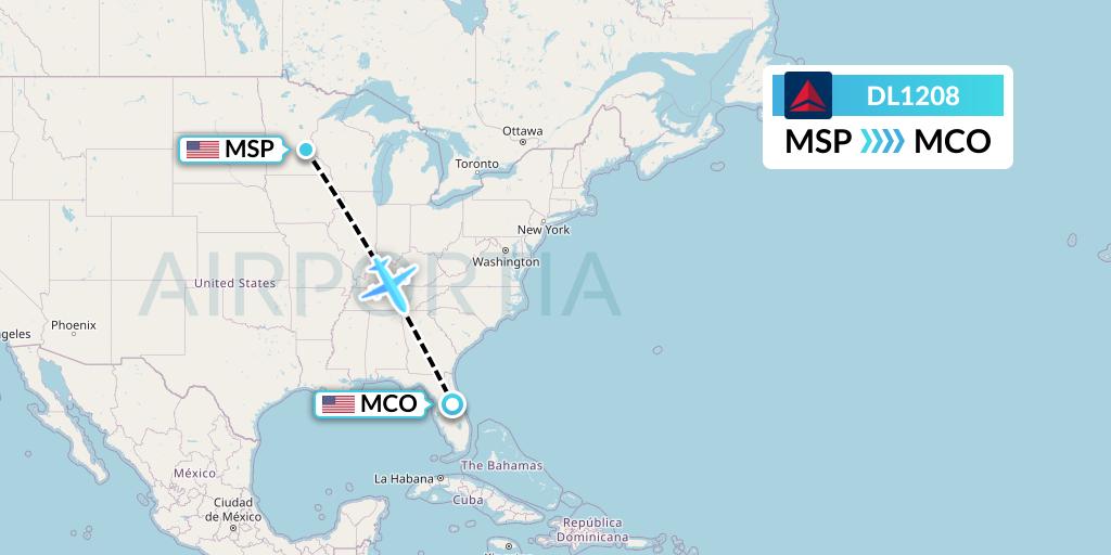 DL1208 Delta Air Lines Flight Map: Minneapolis to Orlando