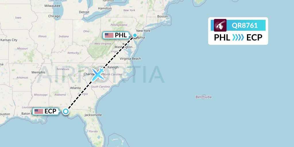 QR8761 Qatar Airways Flight Map: Philadelphia to Panama City