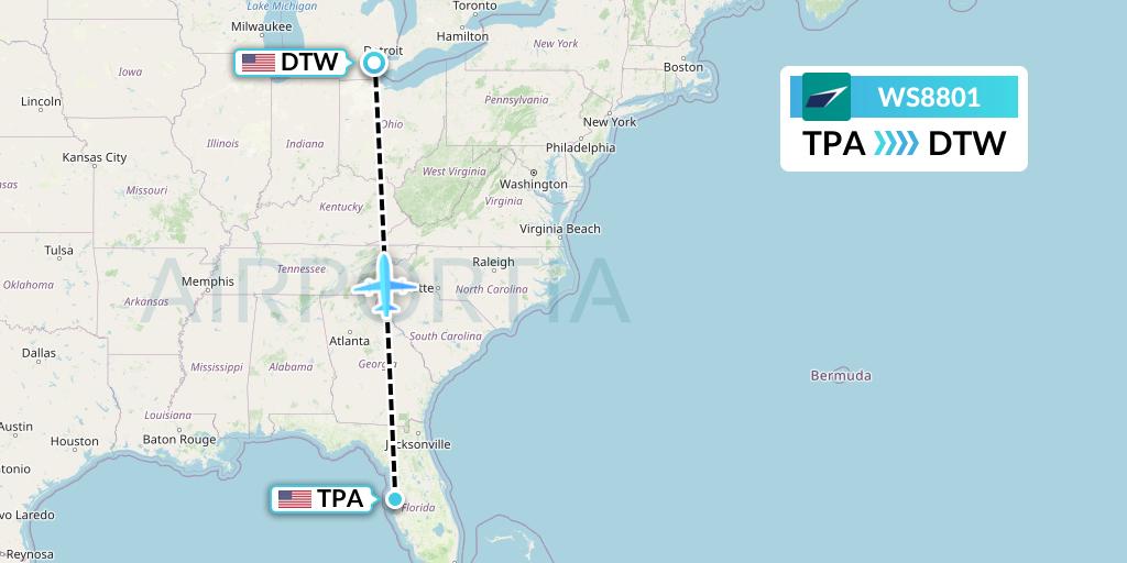 WS8801 WestJet Flight Map: Tampa to Detroit