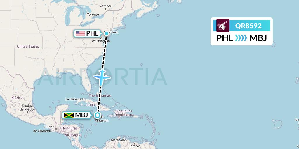 QR8592 Qatar Airways Flight Map: Philadelphia to Montego Bay