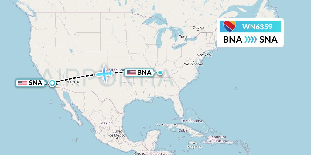 WN6359 Southwest Airlines Flight Map: Nashville to Orange County