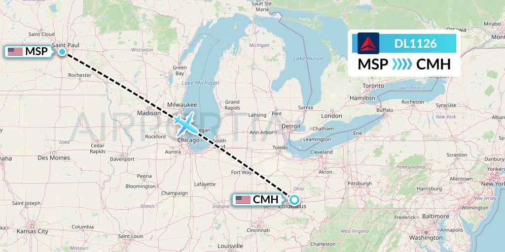 DL1126 Delta Air Lines Flight Map: Minneapolis to Columbus