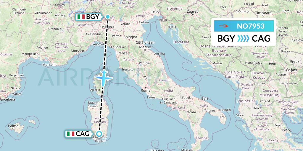NO7953 Neos Flight Map: Milan to Cagliari