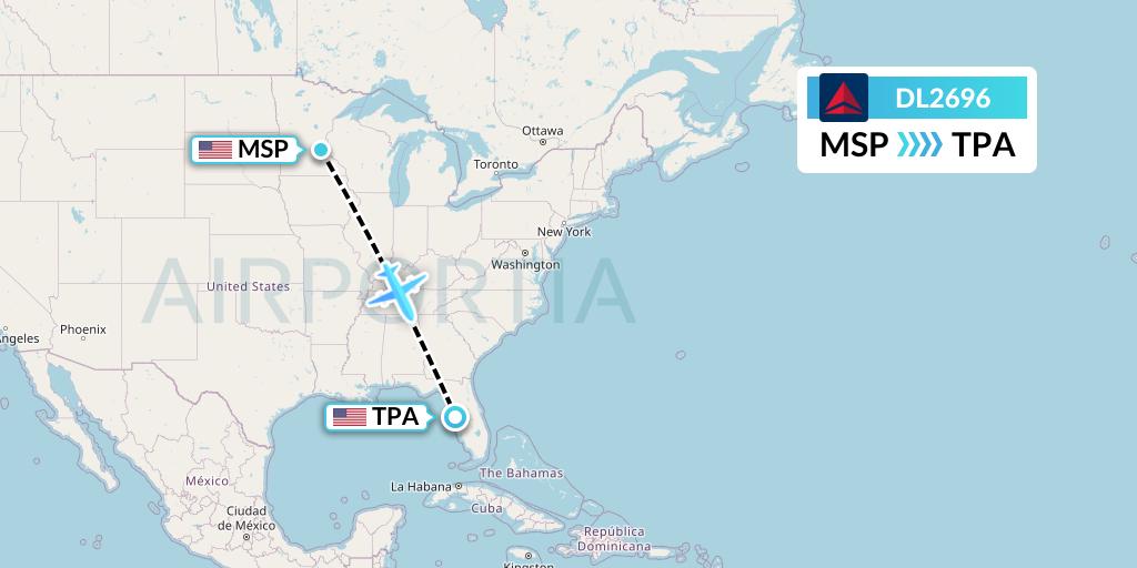 DL2696 Delta Air Lines Flight Map: Minneapolis to Tampa