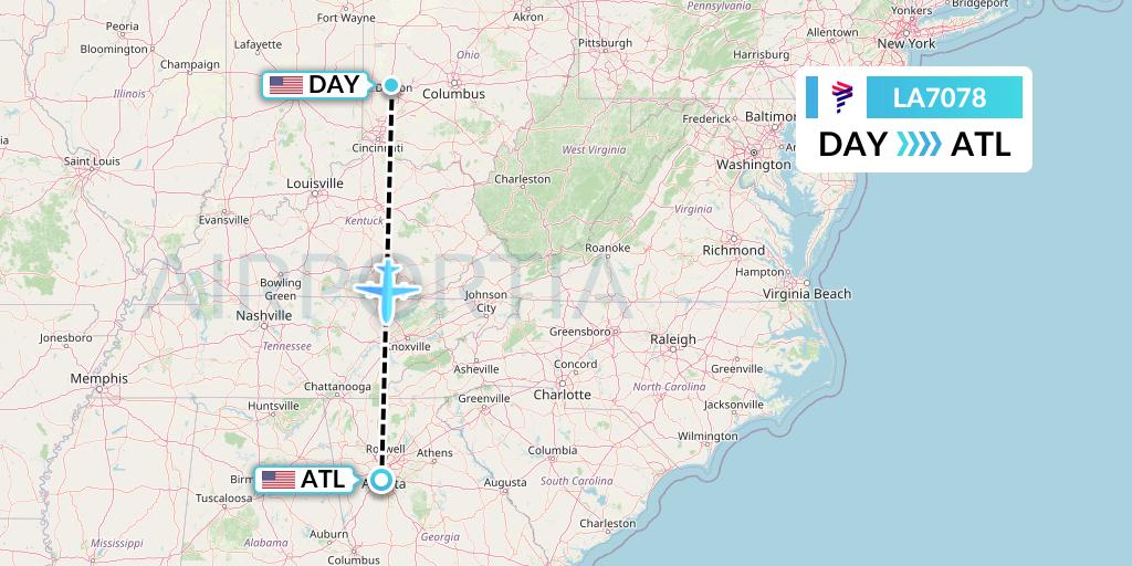 LA7078 LAN Airlines Flight Map: Dayton to Atlanta