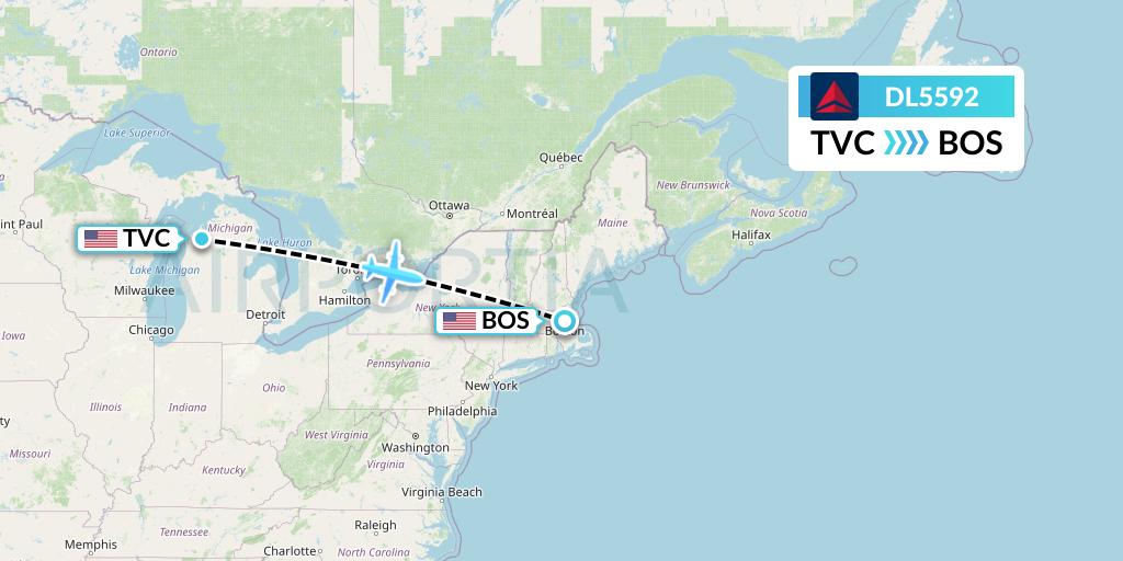 DL5592 Delta Air Lines Flight Map: Traverse City to Boston
