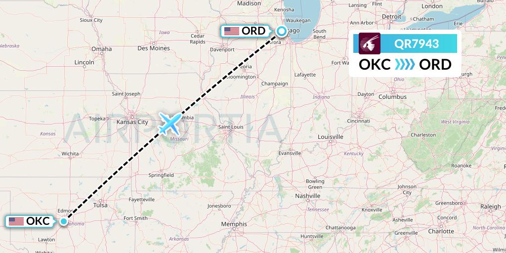 QR7943 Qatar Airways Flight Map: Oklahoma City to Chicago