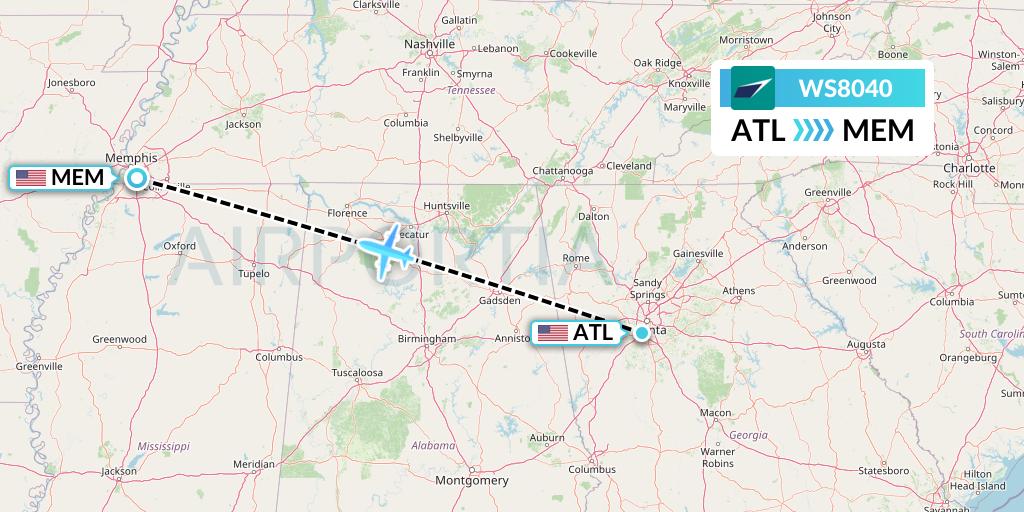 WS8040 WestJet Flight Map: Atlanta to Memphis