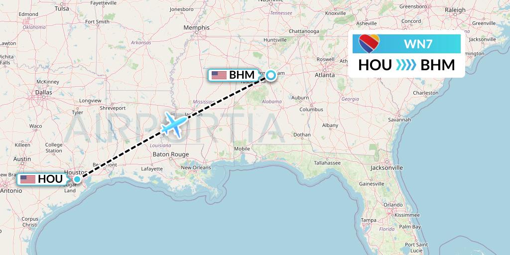 WN7 Southwest Airlines Flight Map: Houston to Birmingham